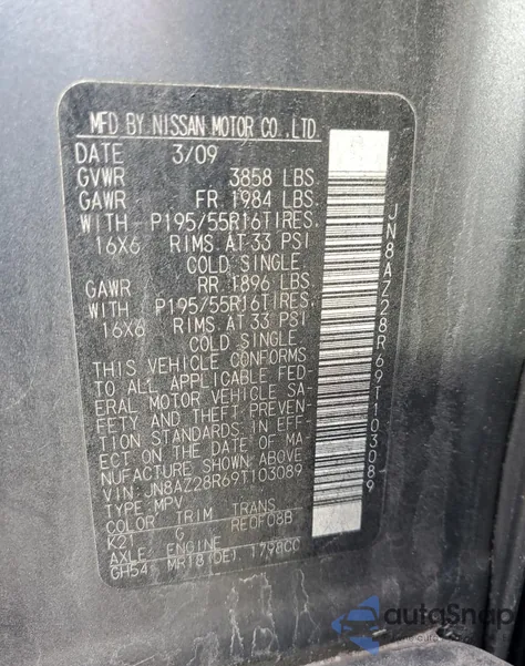 2009 Nissan Cube Base from USA, damaged, VIN JN8AZ28R69T103089